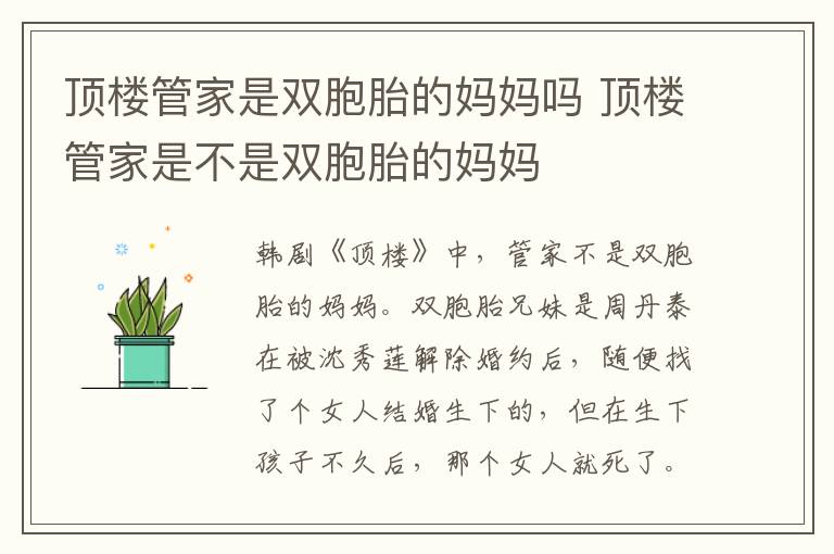 頂樓管家是雙胞胎的媽媽嗎 頂樓管家是不是雙胞胎的媽媽