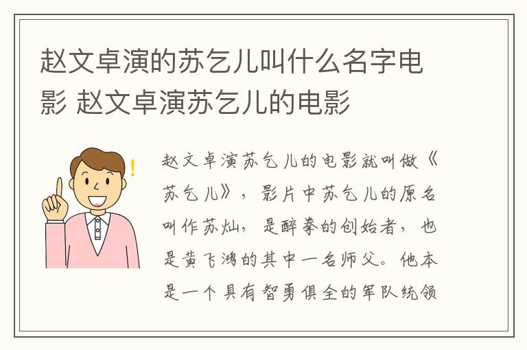 趙文卓演的蘇乞兒叫什么名字電影 趙文卓演蘇乞兒的電影