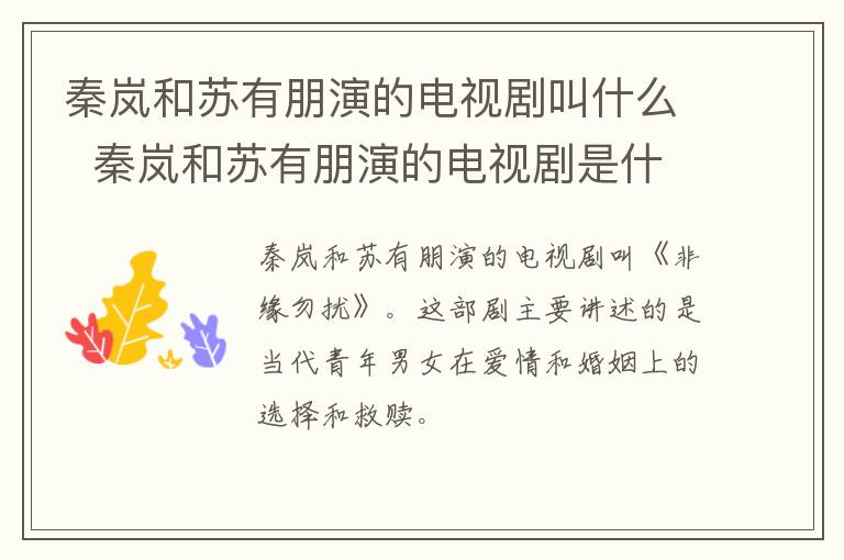 秦嵐和蘇有朋演的電視劇叫什么  秦嵐和蘇有朋演的電視劇是什么